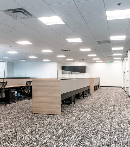 Center-basket LED troffer lights by Alcon Lighting illuminate
workspaces in an open floor plan office area of the Tabor Center in Denver,
Colorado
