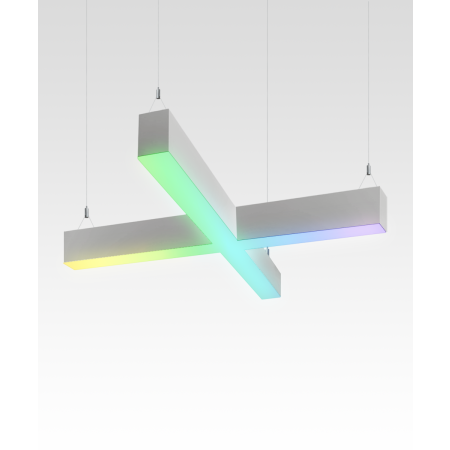 12100-20-X-P-RGBW x-shaped pendant light shown in a white finish and with RGB color changing capabilities.
