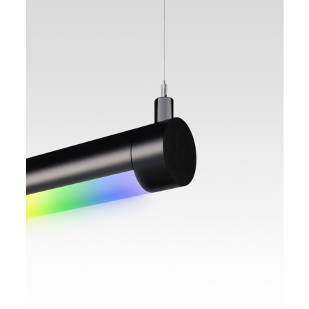 Alcon 12100-R2-P, round suspended pendant light shown in satin black finish and with a flushed curved lens, and color changing capabilities. 