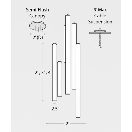 Alcon 12146-6R Suspended commercial vertical cylinder pendant shown with slim black end caps and 360 wrapping illuminated lens. Shown in a set of 6 at various lengths.